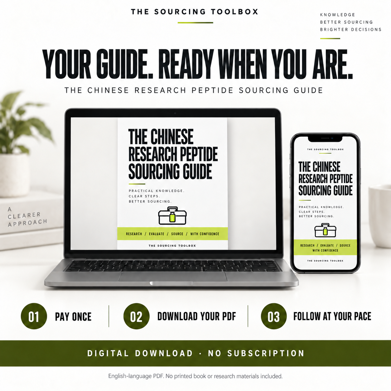 Laptop and phone mockups showing the guide cover, with pay once, download and follow at your pace steps.