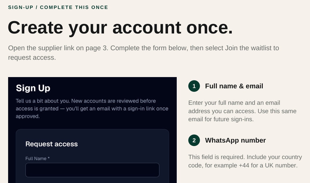 Actual account setup excerpt with a signup screenshot and numbered explanations