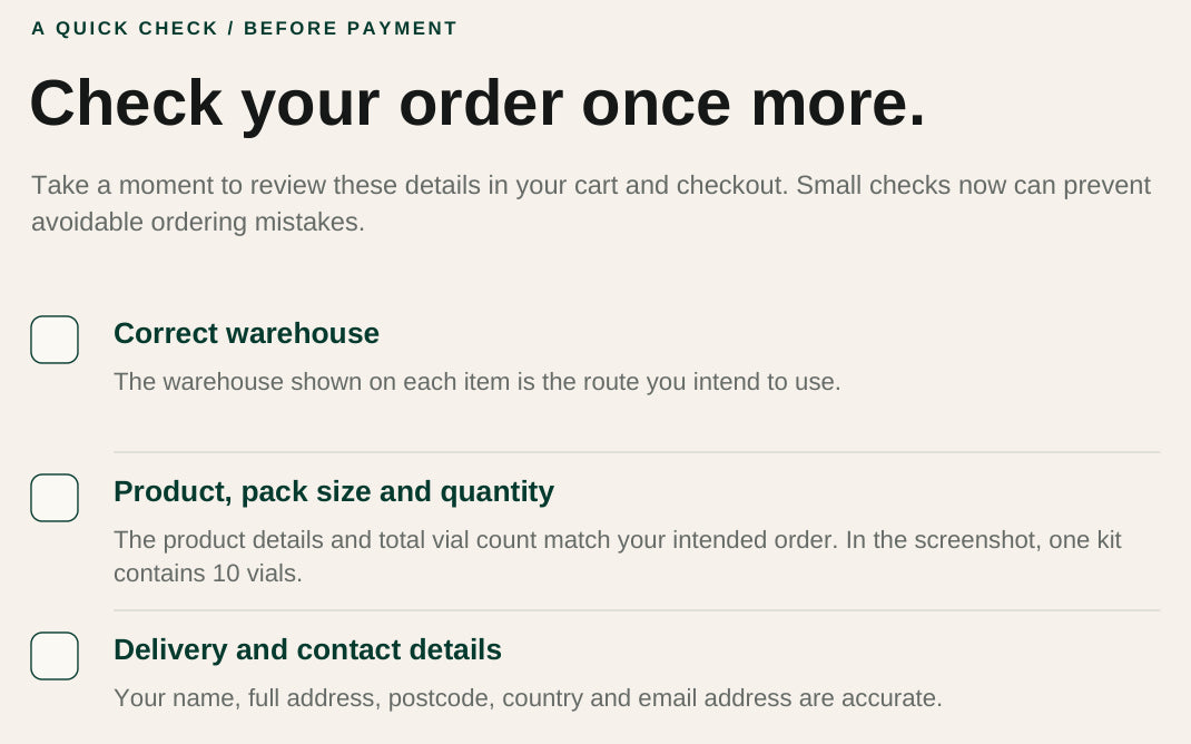 Actual checklist excerpt for checking warehouse, product quantity and delivery details